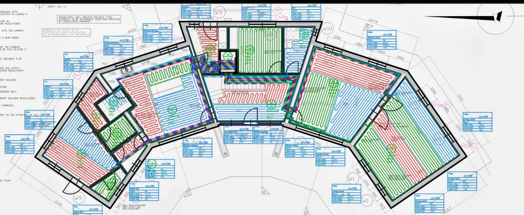 Heating system design schematic with coloured pipe layout